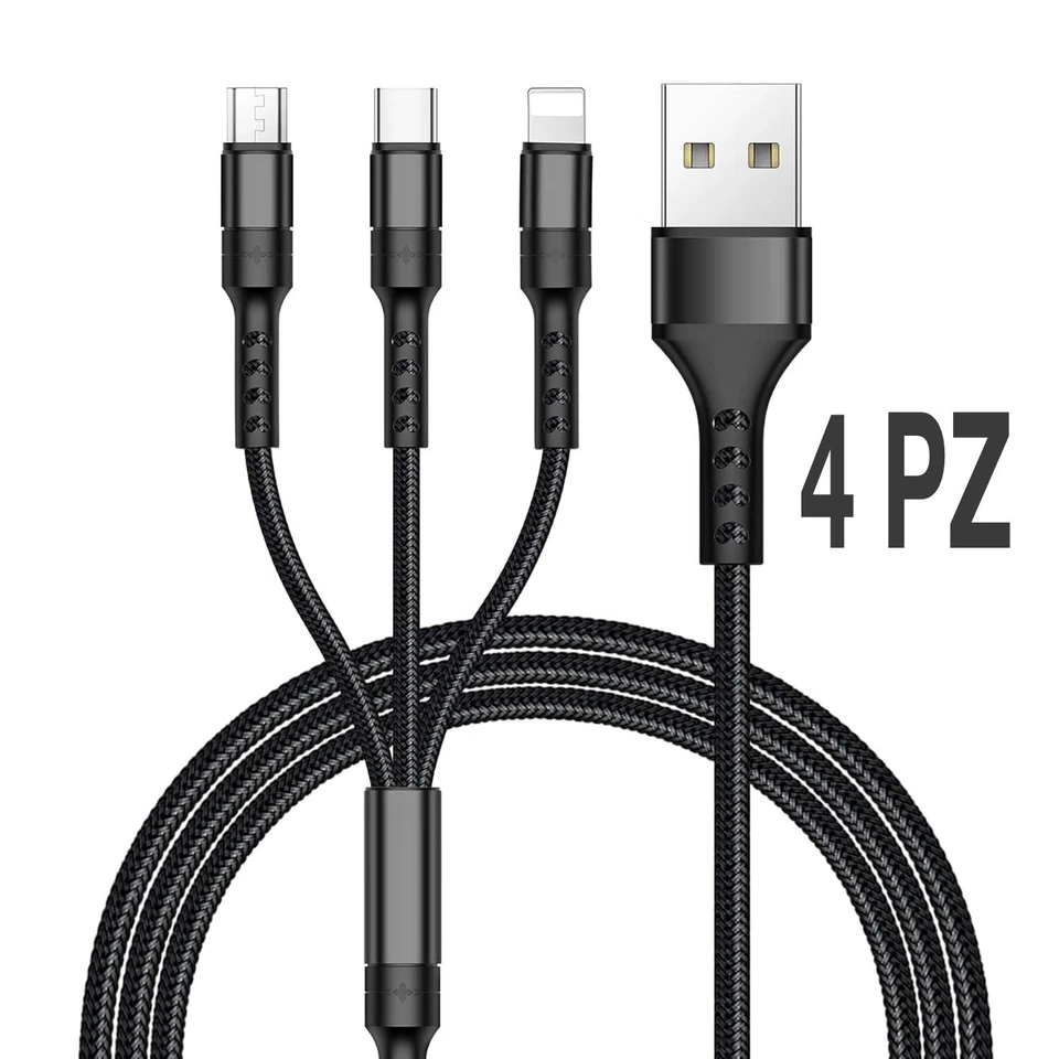Lotto 4PZ Multi Cavo Di Ricarica, 3 in 1 Multiplo Micro USB Tipo C 40CM - NERO - Immagine 3 di 3