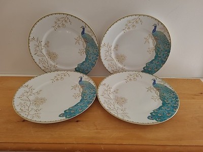 Set 4 222 Fifth Peacock Garden Dinner Plates 10.75''  Turquoise White Gold