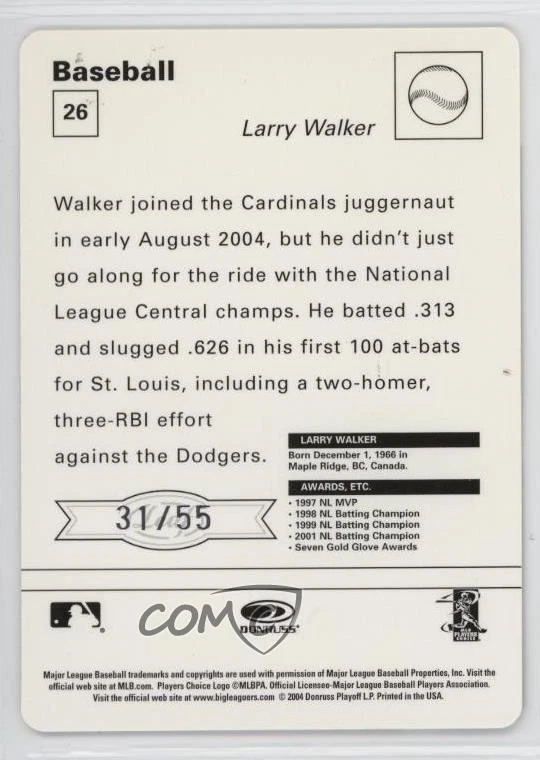 2005 Leaf Sportscasters White Running Ball /55 Larry Walker #26 HOF - Image 2 of 2