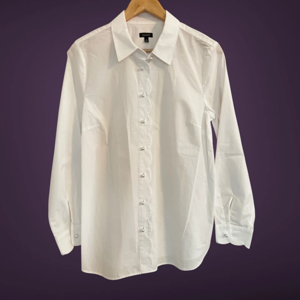 Camisa Talbots Popelina De Gran Tamaño Talla Mediana Blanca Festoneada Botón Cuello Frontal Foto 2 de 4