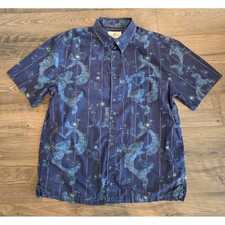 Men's sz L Vintage Island Blue Koi Fish Floral 100 Cotton Hawaiian Shirt