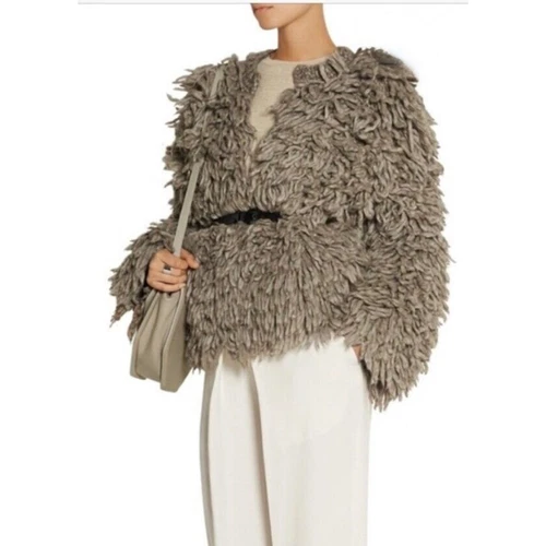 MICHAEL KORS Taglia S Small Taupe Shaggy Peluche Giacca Cappotto Misto Alpaca NUOVO