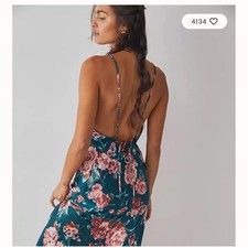 Free People Slip Dress Size S Teal Floral Satin Open Back Slinky Easy To Love