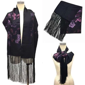 Gucci Authentique Foulard 100% Soie Étole Frange Noir Motif Floral Flcm