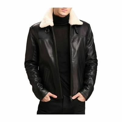 Men's Genuine Cowhide Leather Aviator Collar Sherpa Fur Bomber Black Jacket