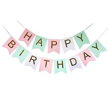 New Pink Green Happy Birthday Banner Gold Sparkle Girl Party Decor Hanging Sign