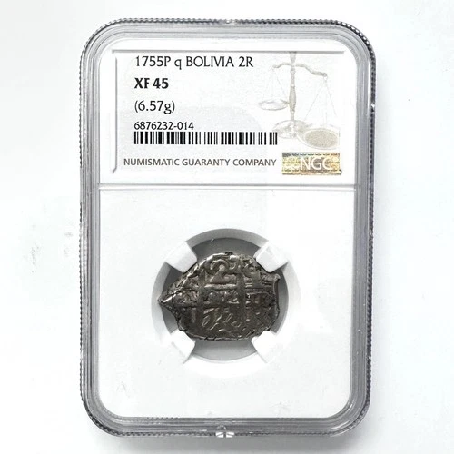 BOLIVIA, 1755 P q 2 REALES (6.57g) SILVER COB COIN Spanish Colony NGC XF45