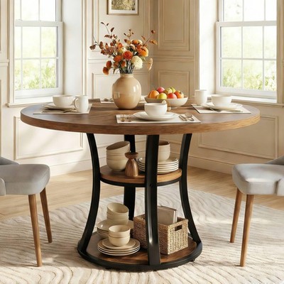 39'' Round Dining Table 2-4 3-Tier Farmhouse Storage Pedestal Space Brown+Black