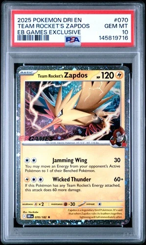2025 POKEMON DESTINED RIVALS EB GAMES EXCLUSIVE #070 TEAM ROCKET'S ZAPDOS PSA 10