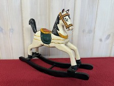 Wooden Rocking Horse Decorated Ornament Vintage Hand Carved & Painted 8in tall