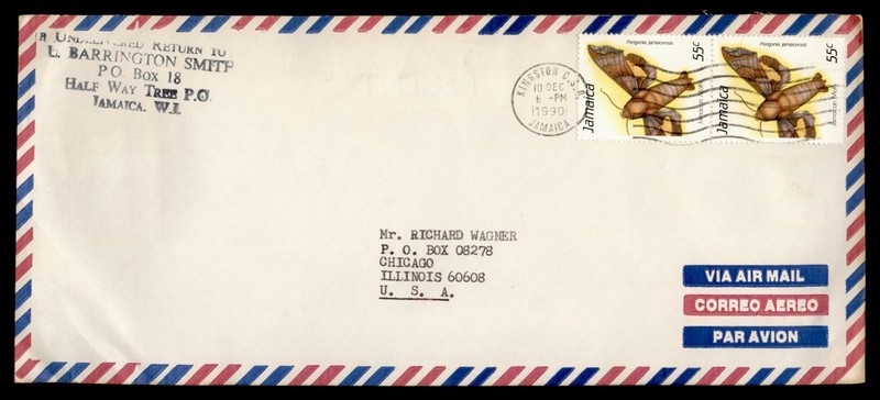 DR WHO 1990 JAMAICA BUTTERFLY PAIR KINGSTON AIRMAIL TO USA M70071