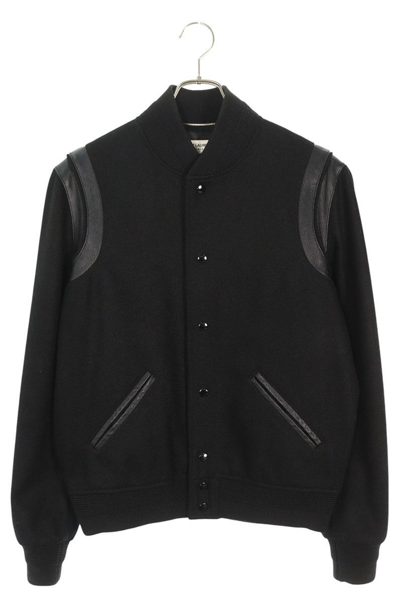 Giacca stadio Saint Laurent Paris nera taglia 48 bordo pelle misto lana cupro