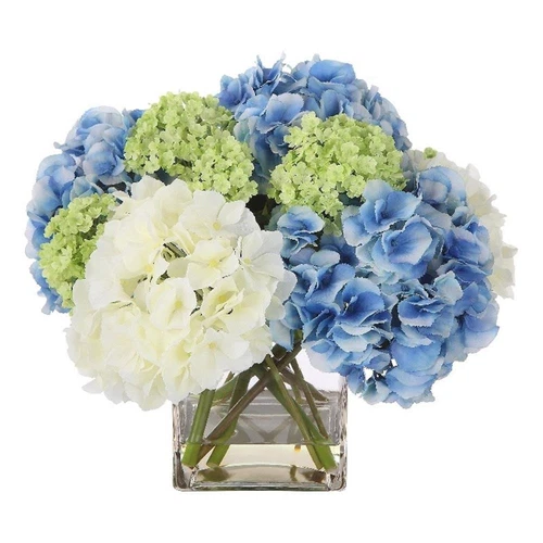 Uttermost Providence Hydrangea Polyester Iron Glass Bouquet in Blue/Green/White - Picture 1 of 4