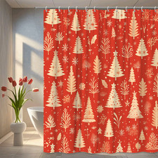 Holiday Shower Curtain with Assorted Christmas Trees and Snowflakes Pattern
