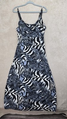 Milano Black White Animal Print Midi Dress Beaded Straps Women s Sleeveless Med