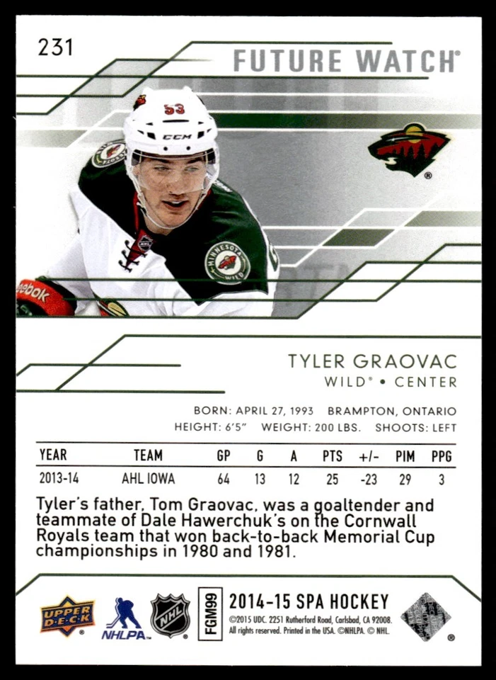 2014-15 SP AUTHENTIC FUTURE WATCH TYLER GRAOVAC RC /999 MINNESOTA WILD #231 - Image 2 of 2