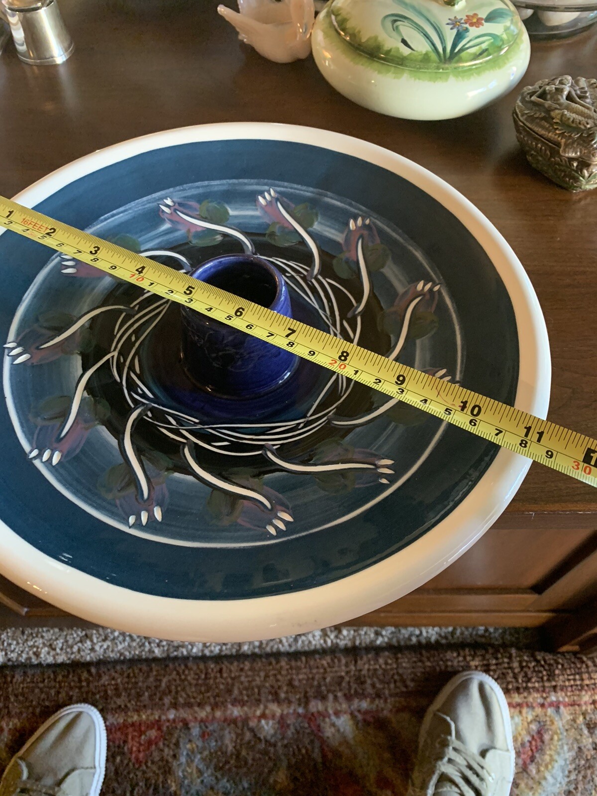 Ikebana Ware Large Round 12" Ceramic Vase Plate Tray Center Frog; Blue