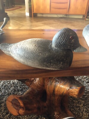 FINE ESTATE  1940  BLUE BILL DRAKE LOW HEAD CARVED WOOD DUCK DECOY Tagged