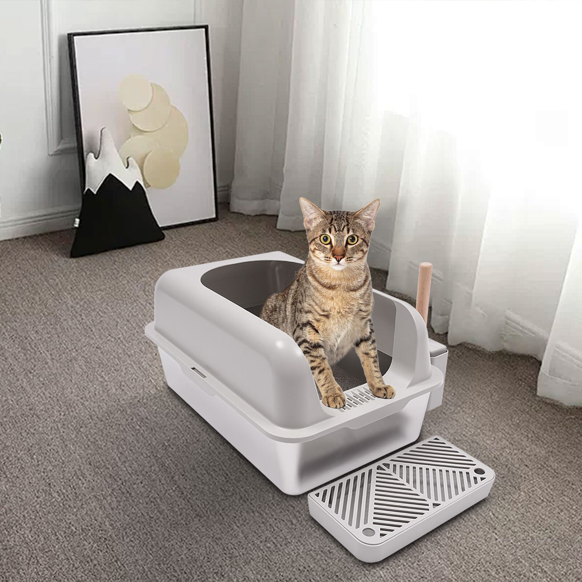 20L Stainless Steel Cat Litter Box with Guardrail and Easy Clean