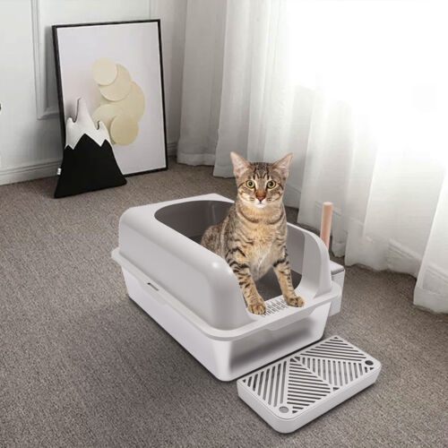 20L Stainless Steel Cat Litter Box, Large Litter Box w/ Guardrial Scoop