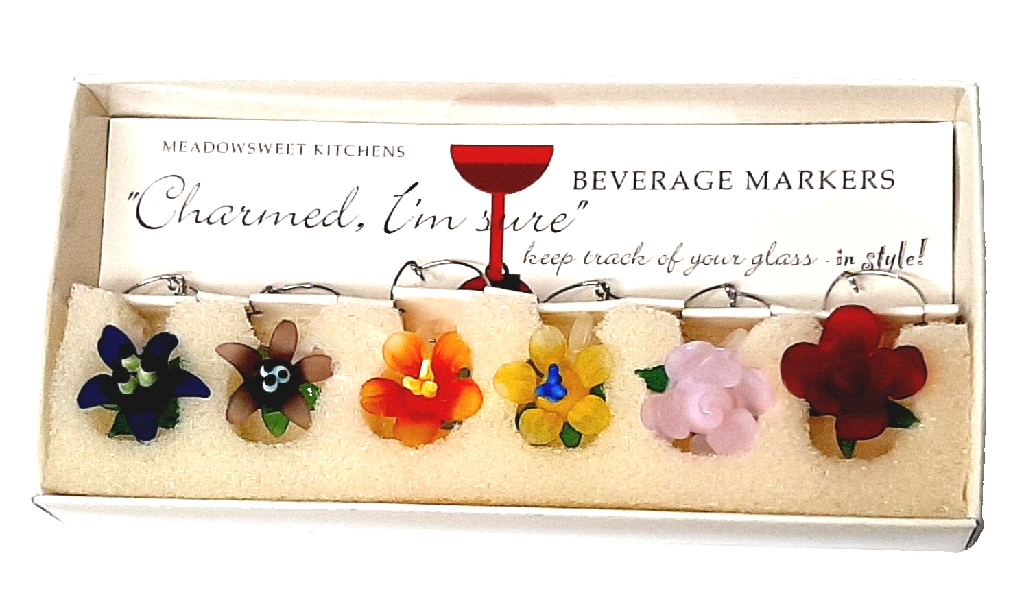 Meadowsweet Kitchens Set of 6 Flower Wine Glass Markers Drink Beverage Charms