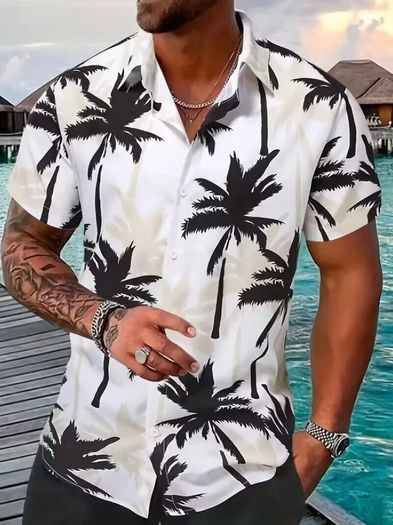 New Men Coconut Tree Print Button Down Short Sleeve Shirt Fashion