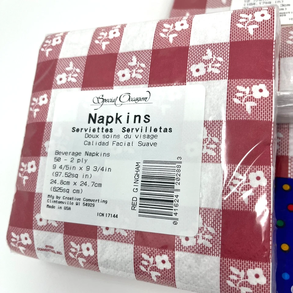 Creative Converting Red Gingham Paper Napkins and 4 Plastic Tablecovers Set - Image 2 of 4