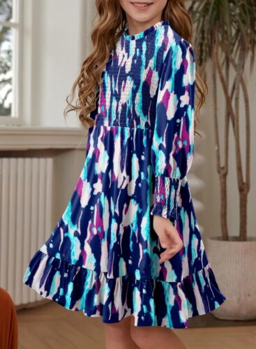 Girls Smocked Dress Casual Puff Long Sleeve Ruffle Dress 4-13 Years Old - Picture 3 of 5
