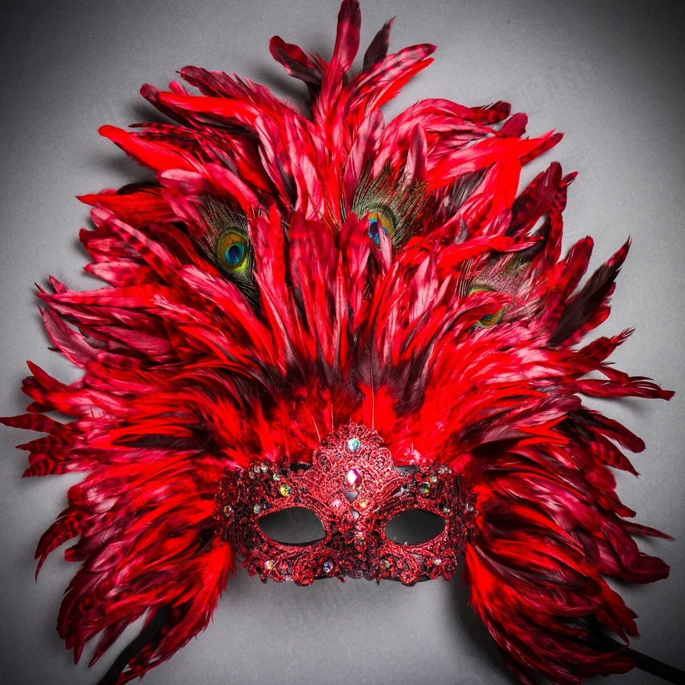 Red Tall Feather Venice Carnival Mask for Women Masquerade Sexy Venetian Costume - Image 4 of 4