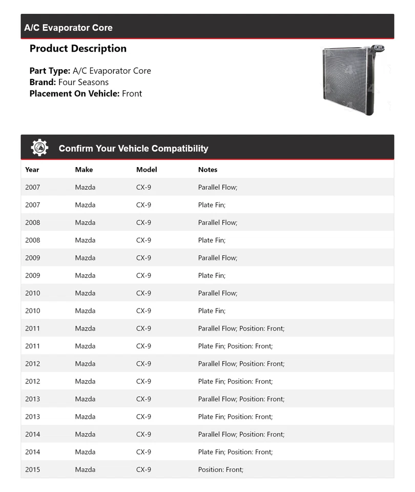 Núcleo evaporador de aire acondicionado para Mazda CX-9 2007-2015 4 estaciones 2008 2009 2010 2011 2012 Foto 2 de 4