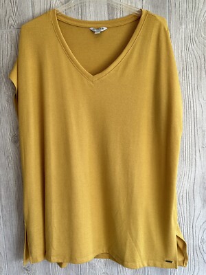 Orvis Women's Yellow Marigold Blouse V-Neck Cap Sleeve Stretch Knit Size 2XL