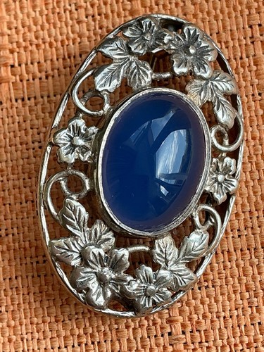 Vintage Silver Sterling Brooch, Bernard Instone Blue Agate Arts & Crafts Flowers - Picture 2 of 9