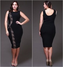 PLUS SIZE BODYCON LACE INSERT OPEN BACK  PENCIL BLACK DRESS WITH NEW 1X 2X 3X