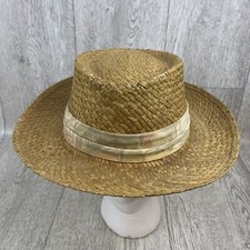 London Fog Straw Hat Size Sunhat Cavalier Tan Sash Medium 7 - 71/8 Made In USA