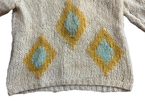 Vintage 60s Womens Mohair Wool Hand Knit V Neck Sweater Size 36 Diamond Pattern - Picture 3 of 14