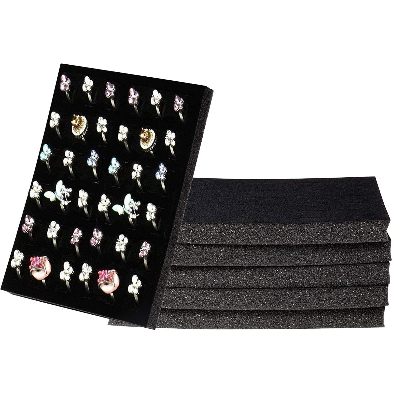 6 Pack Black Velvet Ring Organizer for Jewelry Displays and Cases Retail Trav...