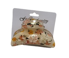 Floral Acrylic Hair Claw Clip Cream Peach Rhinestone Gold Tone Metal Spring New