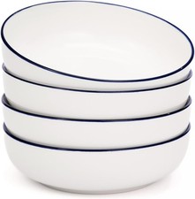 Set of 4 Blue Rim Ceramic Salad Bowls Microwave Safe Dinnerware