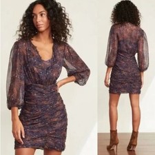 Veronica Beard "Kerri" Vintage-Inspired Print Silk Dress, Ruched Skirt, Size 6