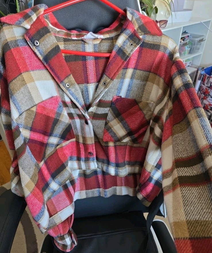 For The Republic Plaid Collared Button Jacket Red Beige Brown White Long Sleeve