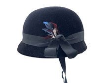 Vintage 1920's-40's Cloche Black Felt Hat w/Black Band-Bow-Colorful Feather