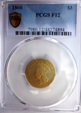 1860-P $3 DOLLAR INDIAN PRINCESS PHILADELPHIA MINT PCGS F 12 SCARCE EARLY DATE