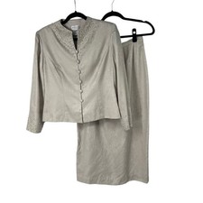 Papell Silver Pearl Studded Blazer Skirt 2 Piece Set Women s 100 Silk 12P
