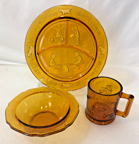 Vintage Diadem Glas Bernstein Kinderreim Kinder geprägt 3 Stück Geschirr Set