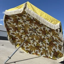 Vtg Fringe Vinyl Tilting Finkel? Aluminum Patio Umbrella Flowers Yellow 7ft