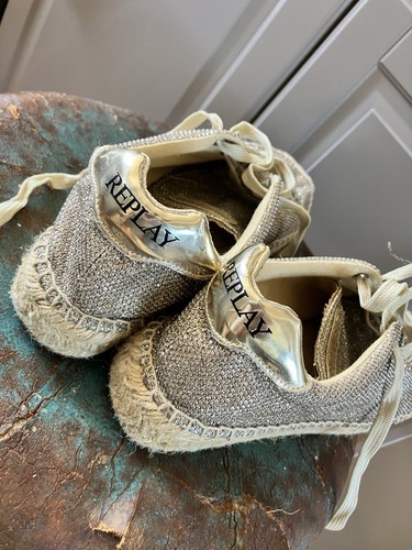 MUJERES REPLAY UK 5 EU 38 ORO BRILLO ALPARGATA CORDONES ZAPATILLAS ZAPATOS - Imagen 2 de 7