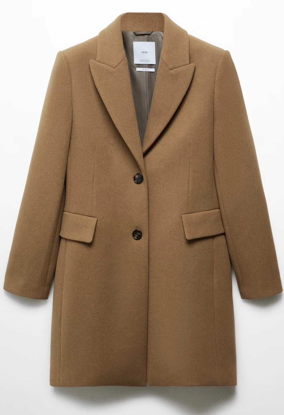 Mango Lapelled Straight Cut Wool Blend Camel Coat Pockets Back Vent Size S UK 10