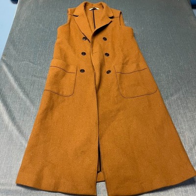 Zara Trafaluc Womens Long Vest Size M Brown Double Breasted Wool Blend Outerwear