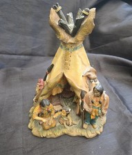 Large Native American Family Figurine with Tipi &ndash; Hand Painted Resin Sculpture &ndash;