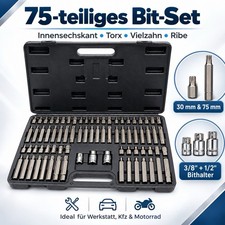 75-tlg Bit-Set Stecknuss Innensechskant Torx Vielzahn Spline Ribe 3/8" 1/2" CR-V